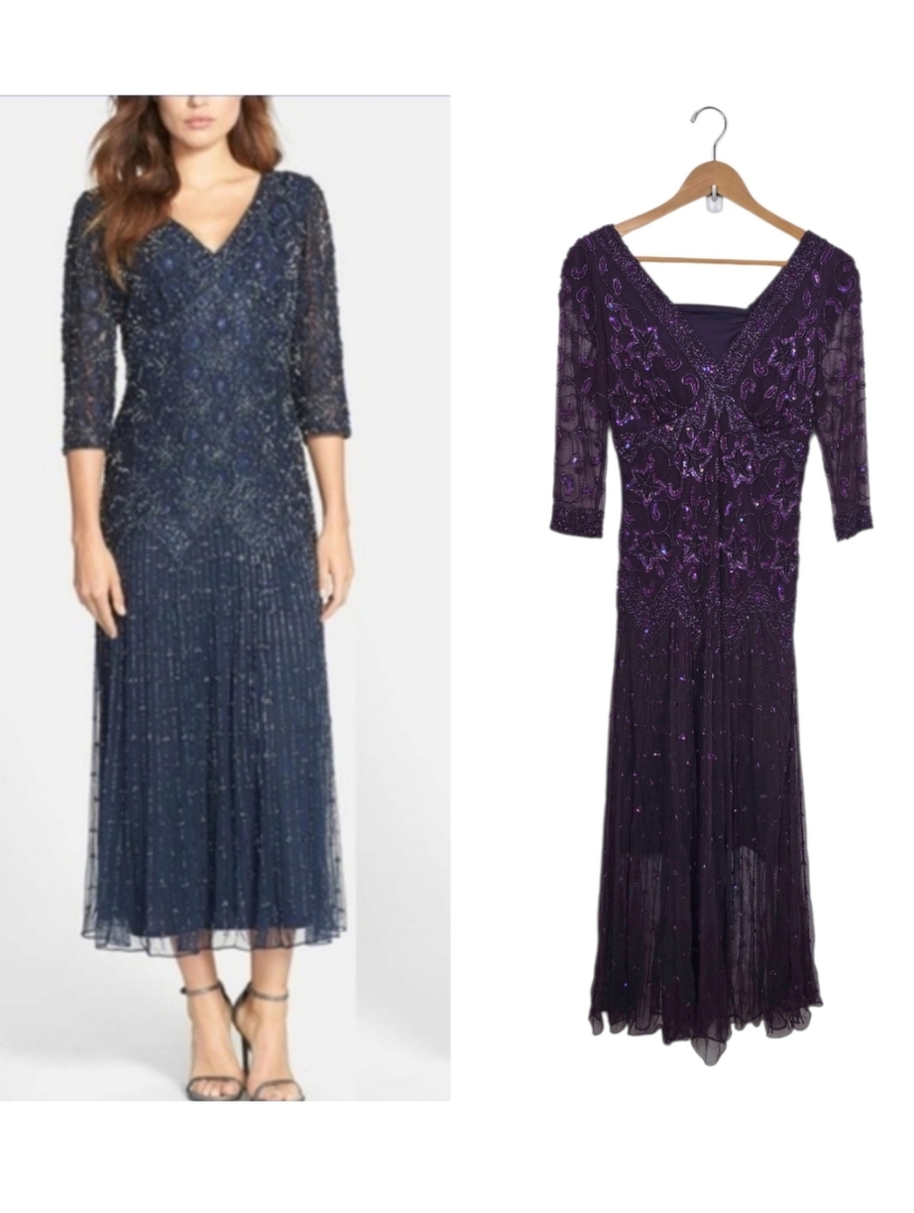Pisarro Nights Star Beaded Sequin Deep Plum Midi Evening Cocktail Gown Dress 4